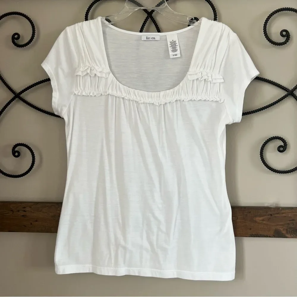 Liz & Co. Cotton Crisp White Short Sleeve Ruffled Blouse Top Tee Size M - Picture 2 of 9